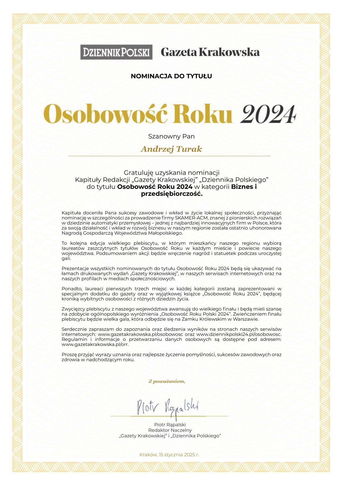 Nominacja Andrzej Turak